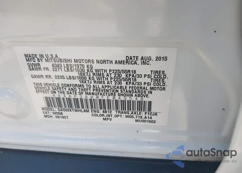 2015 Mitsubishi Outlander Sport Es from USA, damaged, VIN 4A4AP3AW0FE049546